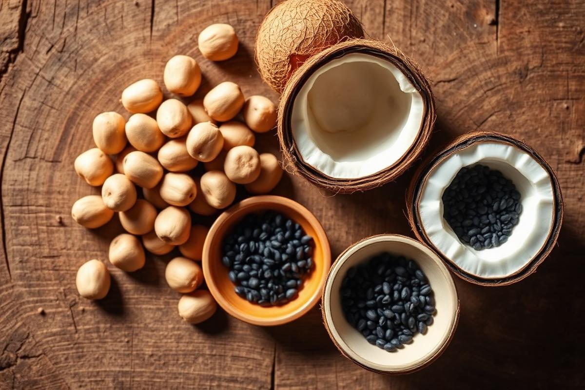 Groundnuts, coconut and sesame seeds