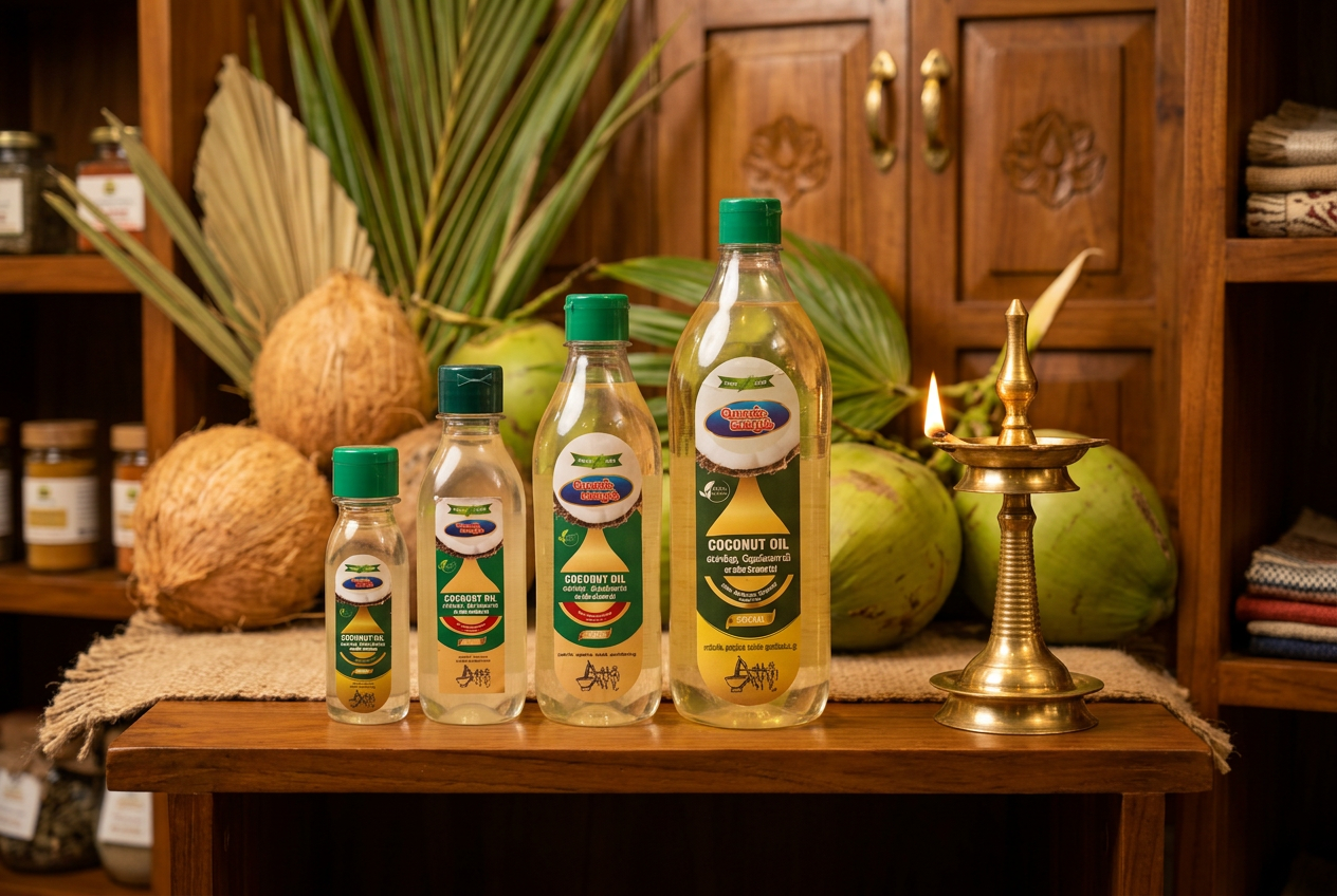 Ponmakaram Coconut Oil bottles on boutique shelf