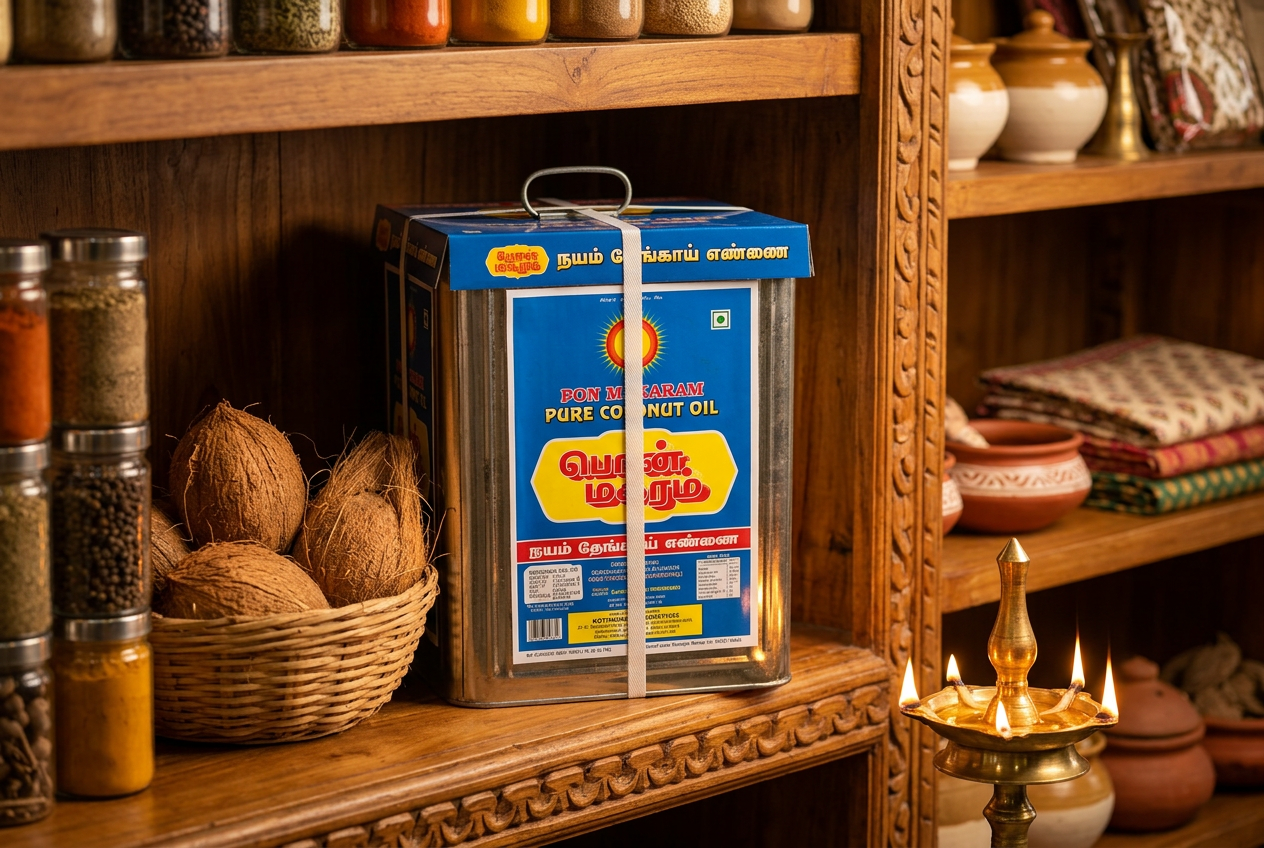 Pon Makaram Pure Coconut Oil tin on boutique shelf