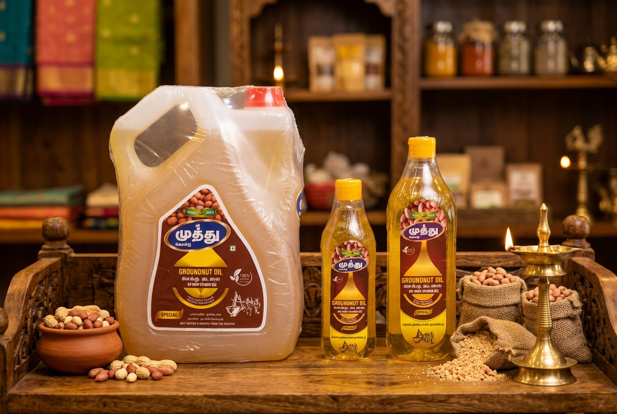Sri Muthu Groundnut Oil — store shelf display